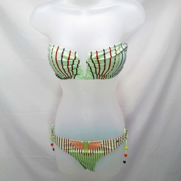 LA Hearts 2 Piece String Bikini With Strapless Bandeau Top. Retro Boho Beaded L - Picture 2 of 12